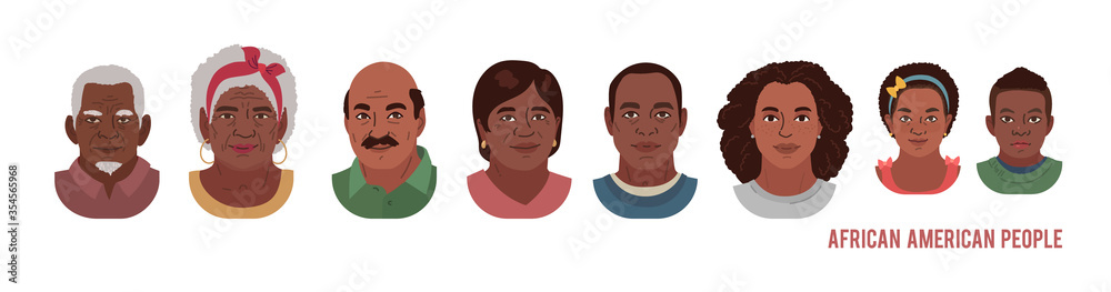 African American People Head Avatar Set. Different Characters. Man Woman and Children Portrait Cartoon Illustration. Children Adult and Older people Faces. Vector Illustration