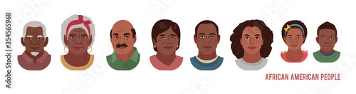 African American People Head Avatar Set. Different Characters. Man Woman and Children Portrait Cartoon Illustration. Children Adult and Older people Faces. Vector Illustration