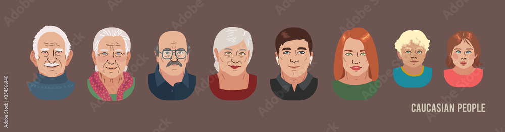 Caucasian People Head Avatar Set. Different Characters. Man Woman and Children Portrait Cartoon Illustration. Children Adult and Older people. White skin faces. Vector Illustration