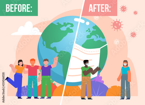 Earth before and after covid-19 global pandemic. Group of people stand near big earth globe in mask. Minimal design vector illustration
