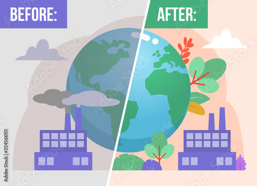 Earth before and after covid-19 global pandemic. Environment cleaning, global pollution. Minimal design vector illustration