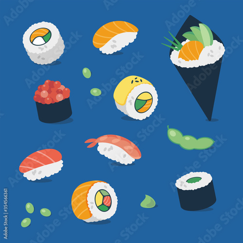 Sushi pattern, collection set. vector minimal flat illustration, background. Japanese restaurant food, nigiri, maki, temaki, roll, salmon, avocado, edamame beans, wasabi.