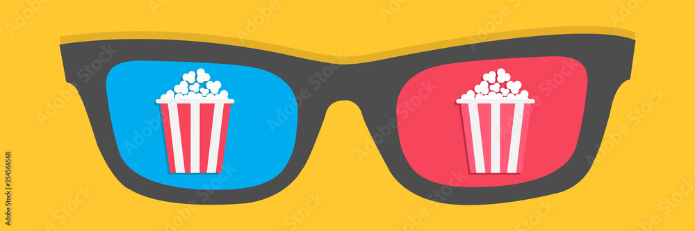 3D glasses icon. Popcorn box. Cinema movie night. Flat dsign style. Yellow background. Isolated.