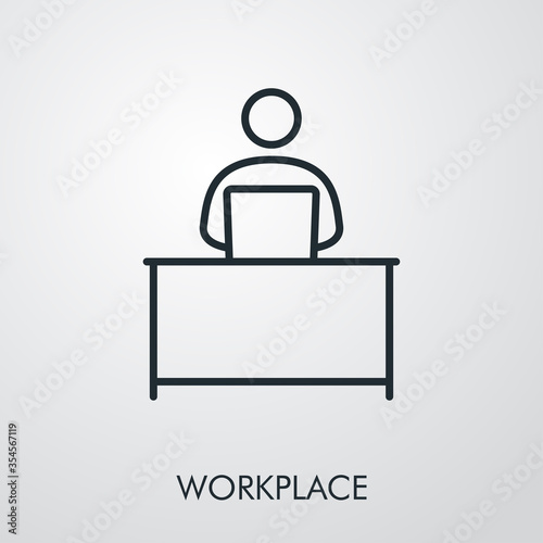 Símbolo lugar de trabajo. Icono plano lineal palabra WORKPLACE con hombre con portatil en mesa en fondo gris