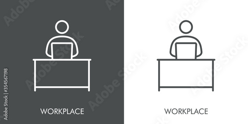 Símbolo lugar de trabajo. Icono plano lineal palabra WORKPLACE con hombre con portatil en mesa en fondo gris y fondo blanco