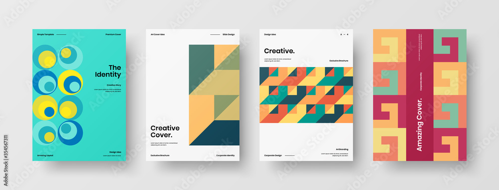 Company identity brochure template collection. Business presentation vector A4 vertical orientation front page mock up set. Corporate report cover abstract geometric illustration design layout bundle.