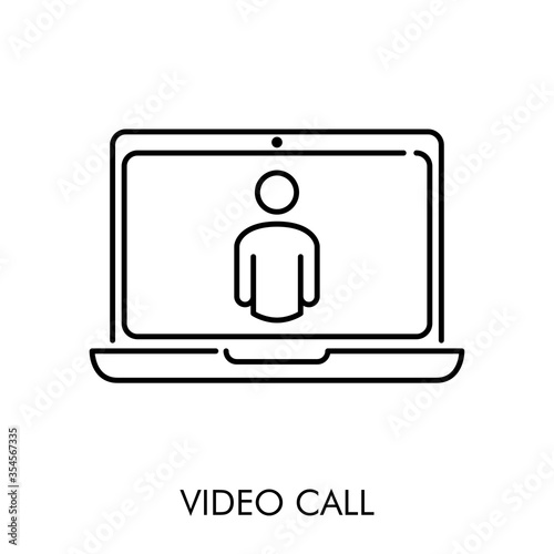 Símbolo vídeo llamada. Icono plano lineal con texto VIDEO CALL con ordenador portaril en color negro