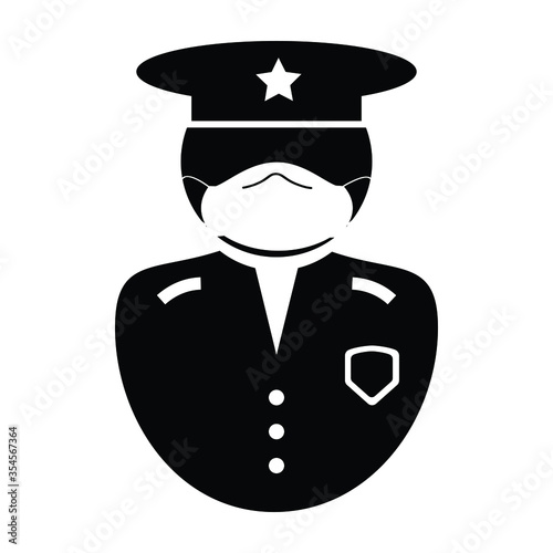 Police Officer Icon. Black and white illustration pictogram icon depicting uniformed law enforcement officer with facial mask, hat and badge. Illustration depicting security personnel during covid-19.