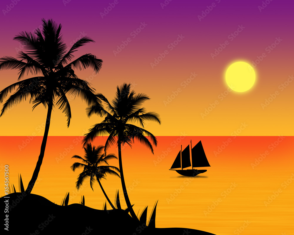 Beach sunset with palm silhouettes and boat.