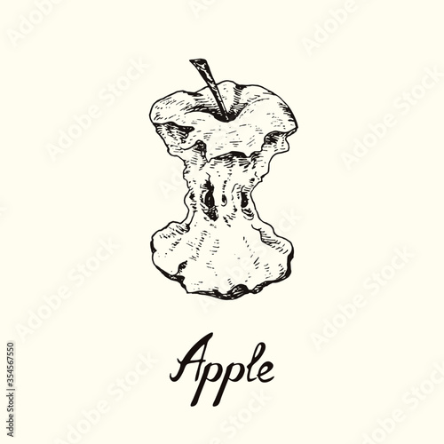 Apple eaten core, outline simple doodle drawing with inscription, gravure style