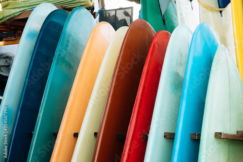 Canvas Print Set of colorful surfboard for rent on the beach