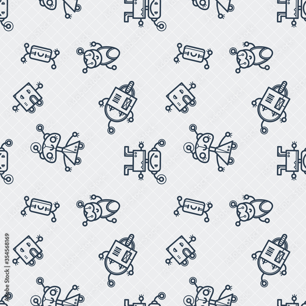 Cute bobots color seamless pattern. Endless texture with funny toys for kids or fiction