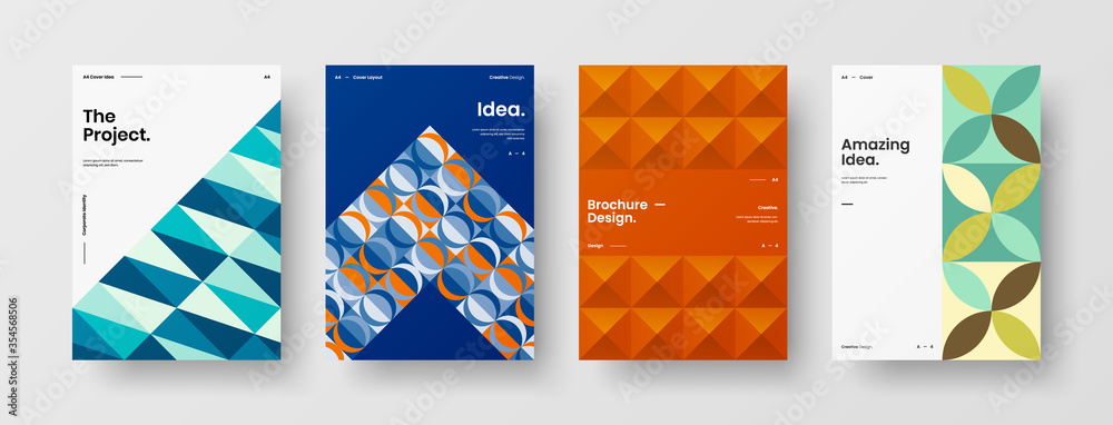 Company identity brochure template collection. Business presentation vector A4 vertical orientation front page mock up set. Corporate report cover abstract geometric illustration design layout bundle.