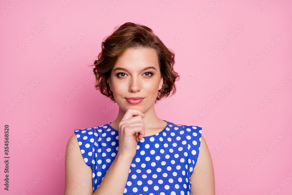 Close-up portrait of her she nice attractive lovely pretty cute content minded brown-haired girl lady creating new strategy touching chin isolated over pink pastel color background - obrazy, fototapety, plakaty 