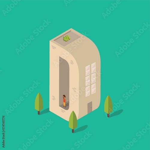 Isometric building with alphabet D