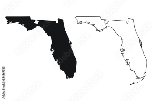 Florida FL state Maps USA with Capital City Star at Tallahassee. Black silhouette and outline isolated on a white background. EPS Vector