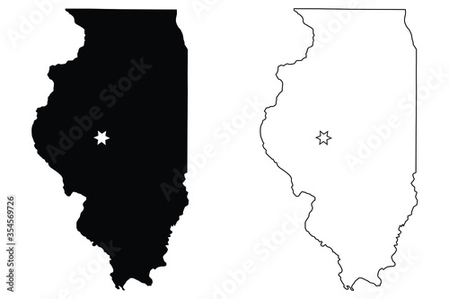 Illinois IL state Map USA with Capital City Star at Springfield. Black silhouette and outline isolated on a white background. EPS Vector