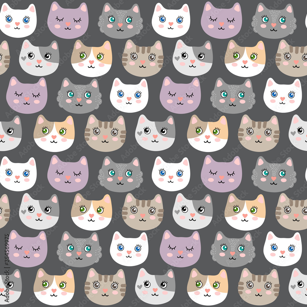 Obraz premium Seamless pattern with cute cartoon kitties vector illustration
