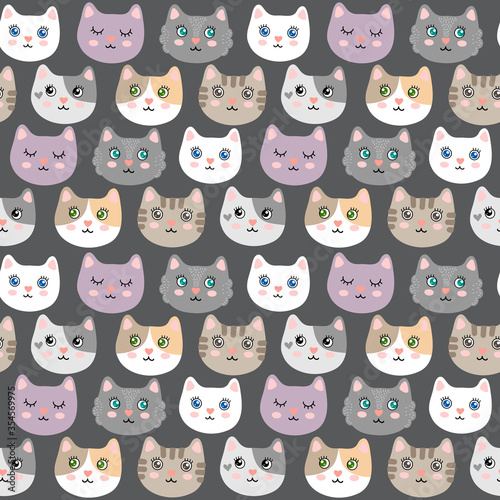 Seamless pattern with cute cartoon kitties vector illustration