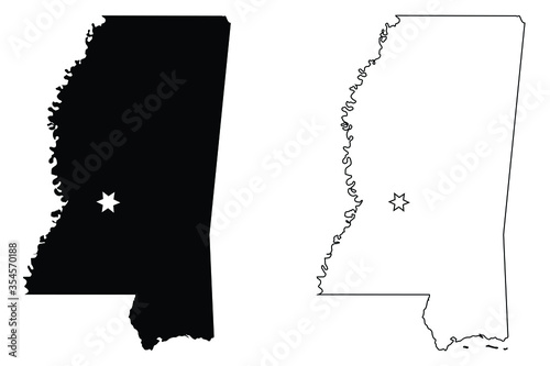 Mississippi MS state Map USA with Capital City Star at Jackson. Black silhouette and outline isolated on a white background. EPS Vector