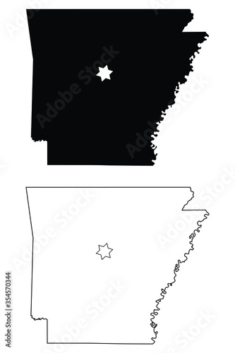 Arkansas AR state Map USA with Capital City Star at Little Rock. Black silhouette and outline isolated maps on a white background. EPS Vector