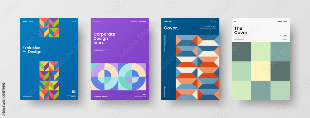 Company identity brochure template collection. Business presentation vector A4 vertical orientation front page mock up set. Corporate report cover abstract geometric illustration design layout bundle.