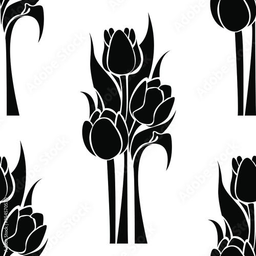 Black and white tulip flowers is in seamless pattern - vector illustration