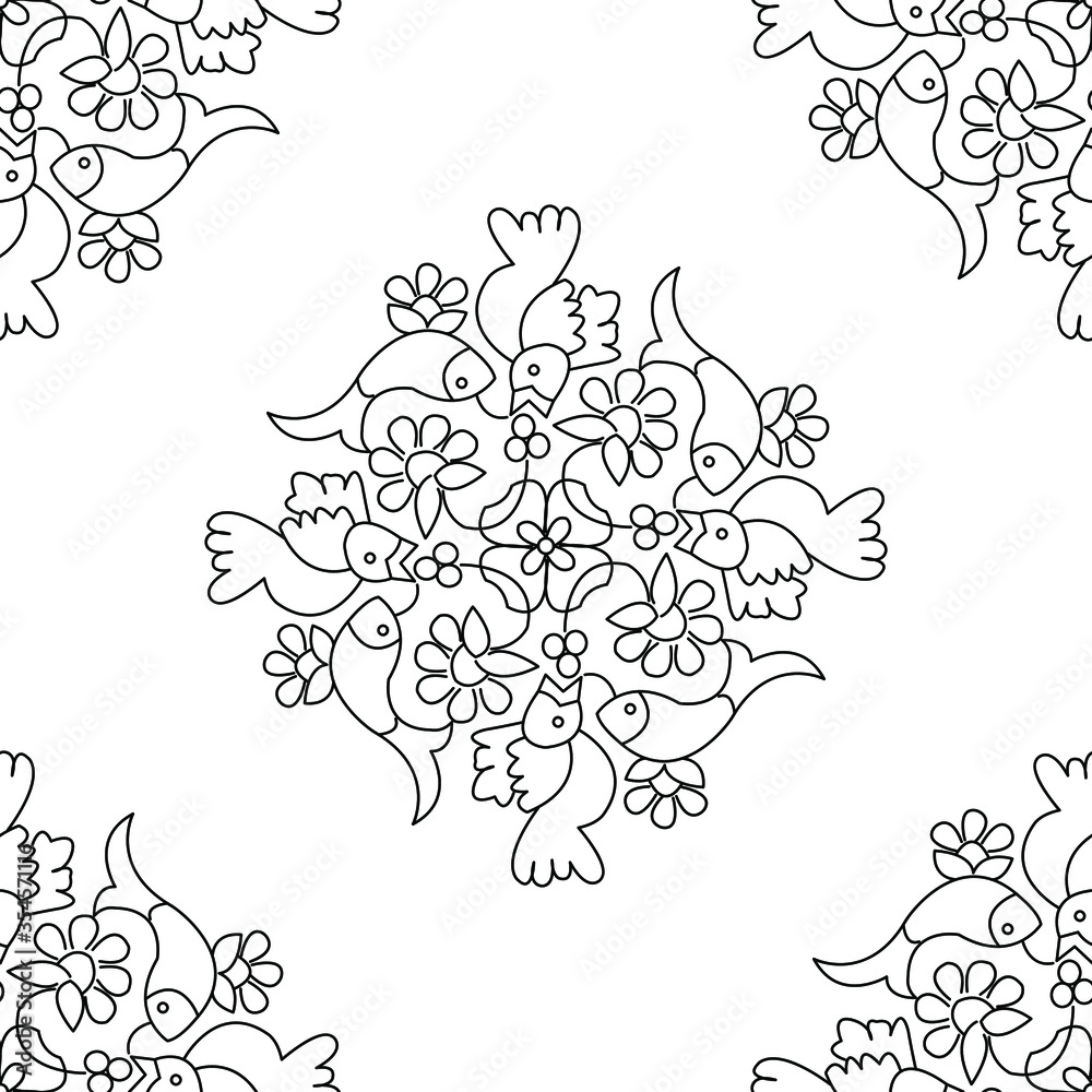 Rangoli design of birds and flowers isolated on white background is in seamless pattern Rangoli design of birds and flowers isolated on white background is in seamless pattern