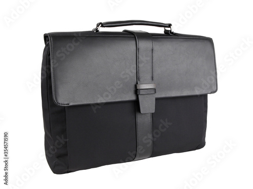 Business bag or case in black leather and fabric isolated on whi