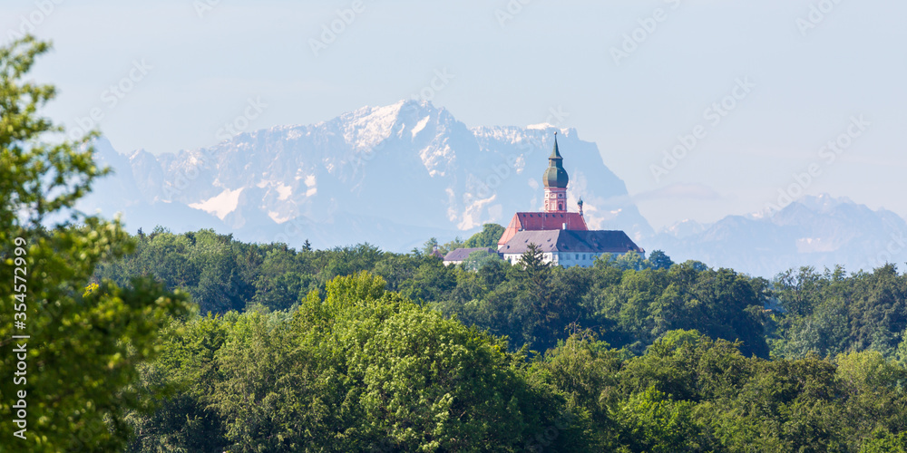 Fantastic panorama with Kloster Andechs (Andechs Abbey) and Zugspitze mountain