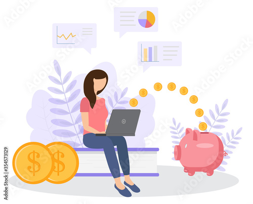 Finance Savings Concept. A young woman works at a laptop to study and fulfill financial savings. Money is flying in a piggy bank. Charts and infographics around.