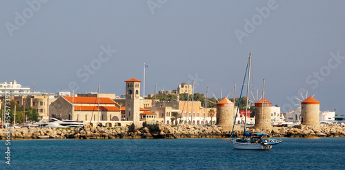 Rhodes, Mandraki harbour, view of the fortifications of the Old Town of Rhodes 