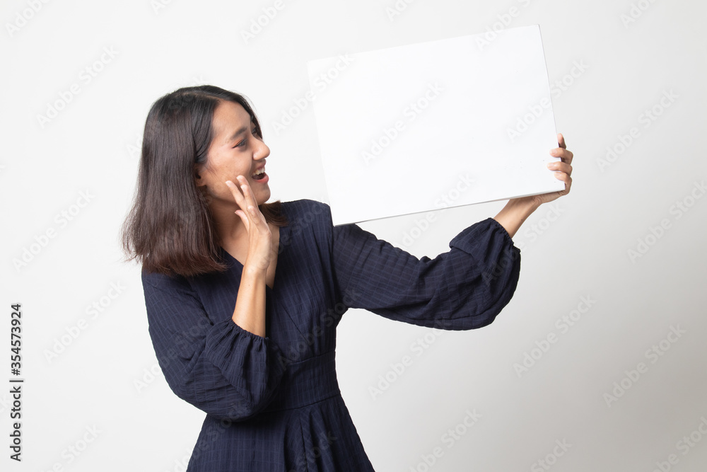 Young Asian woman surprise with white blank sign. Young Asian woman surprise with white blank sign.