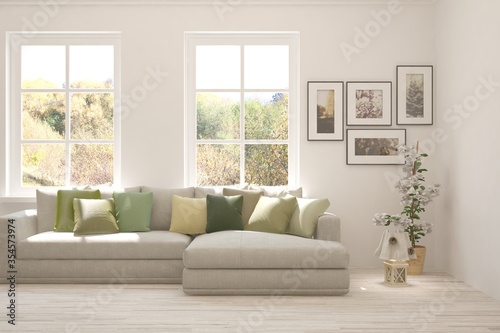 White living room with sofa. Scandinavian interior design. 3D illustration