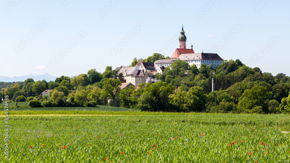 Panorama of bavarian landscape with Andechs abbey