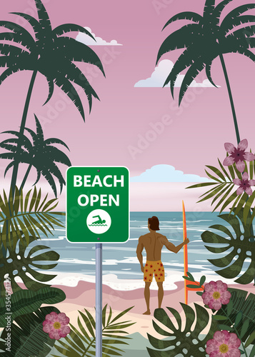 Summer beach banner Open surfer with surfboard. Seascape ocean shore tropical flora palms © hadeev