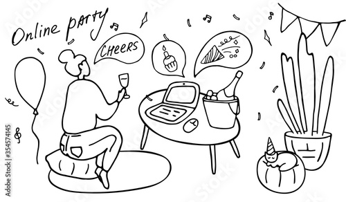 Online party, birthday, virtual meeting friends. Girl sitting in front of laptop with cocktail. Video chat. Vector hand drawn illustration