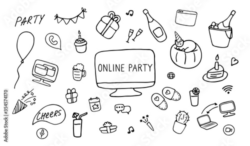 Online party icon set. Doodle celebration signs. Hand drawn vector illustration