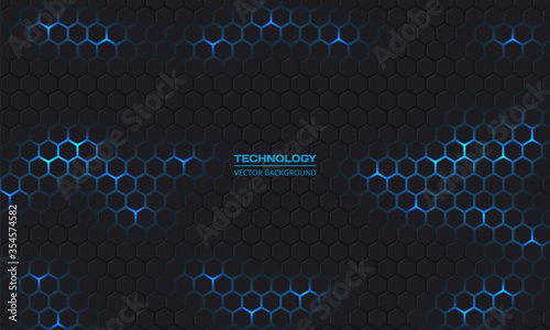 Technology hexagonal dark vector background. Abstract blue bright energy flashes under hexagon in dark technology modern futuristic background vector illustration. Gray honeycomb texture grid.