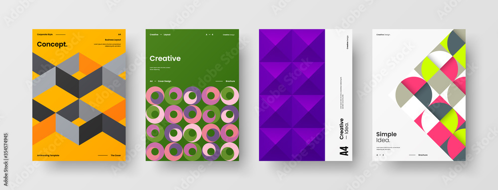 Company identity brochure template collection. Business presentation vector A4 vertical orientation front page mock up set. Corporate report cover abstract geometric illustration design layout bundle.