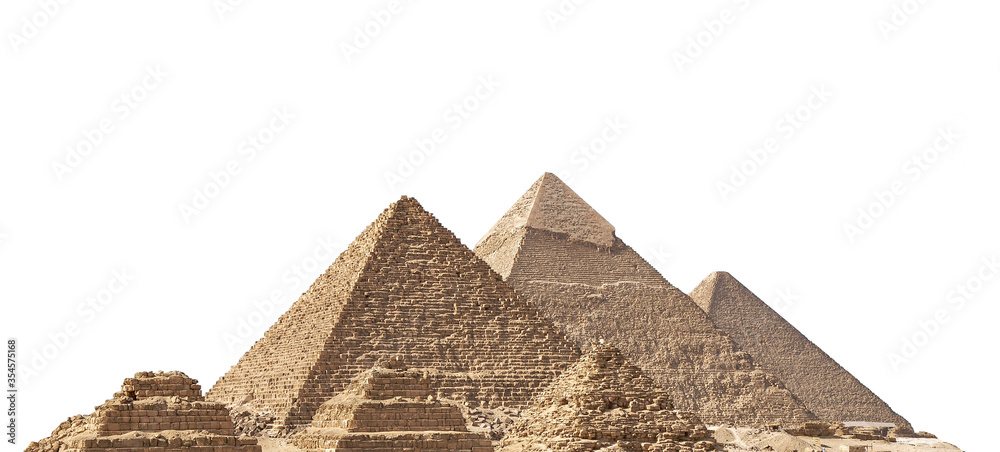 The Giza pyramid complex, also called the Giza Necropolis, isolated on white background. Greater Cairo, Egypt. - obrazy, fototapety, plakaty 