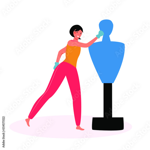 Cartoon beautiful portrait of kickboxing girl on a flat vector background. Fitness training online at home. A young woman in sportswear is training. The concept of martial arts and modern technology