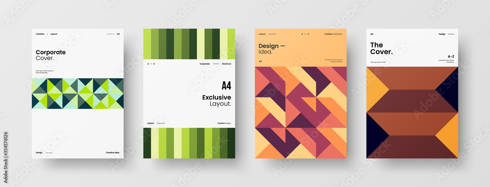 Fototapeta premium Company identity brochure template collection. Business presentation vector A4 vertical orientation front page mock up set. Corporate report cover abstract geometric illustration design layout bundle.
