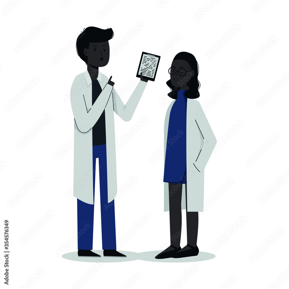 2 young black doctors or scientists. Achievements of blacks. A man and a woman in blown robes. Vector flat illustration. Isolated. White background 2 young black doctors or scientists. Achievements of blacks. A man and a woman in blown robes. Vector flat illustration. Isolated. White background