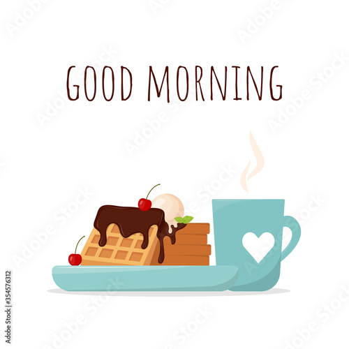 Breakfast postcard with Belgian waffles and a cup of coffee. Waffles with chocolate and cherry