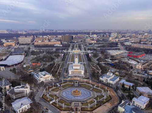 The view from the heights of the large city park of VDNH in Moscow during quarantine, without people, the fountains not working in the frame. Aerial photography