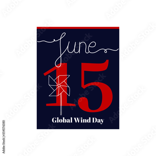 Calendar sheet, vector illustration on the theme of Global Wind Day on June 15. Decorated with a handwritten inscription - JUNE and stylized linear windmill.