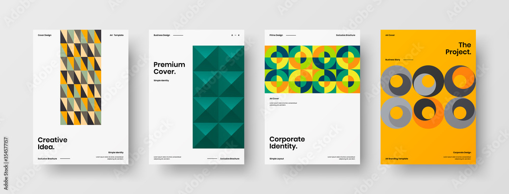 Fototapeta premium Company identity brochure template collection. Business presentation vector A4 vertical orientation front page mock up set. Corporate report cover abstract geometric illustration design layout bundle.
