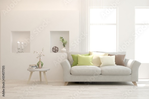 White living room with sofa. Scandinavian interior design. 3D illustration © AntonSh