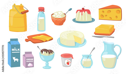 Dairy products flat icon set. Cartoon milk, butter, yogurt, cheese, sour and ice cream isolated vector illustration collection. Food and breakfast concept